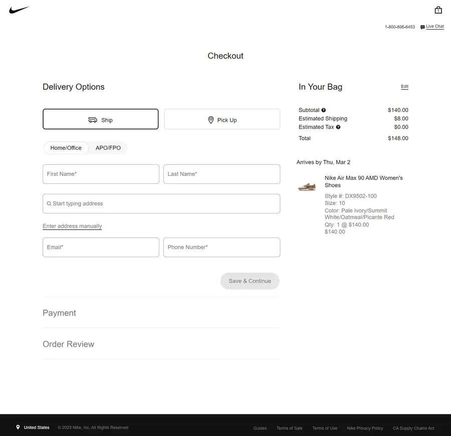 Nike’s checkout page in the U.S. 