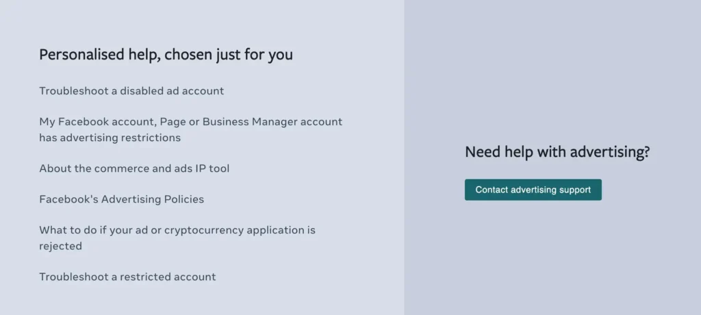 Facebook Support advertising help